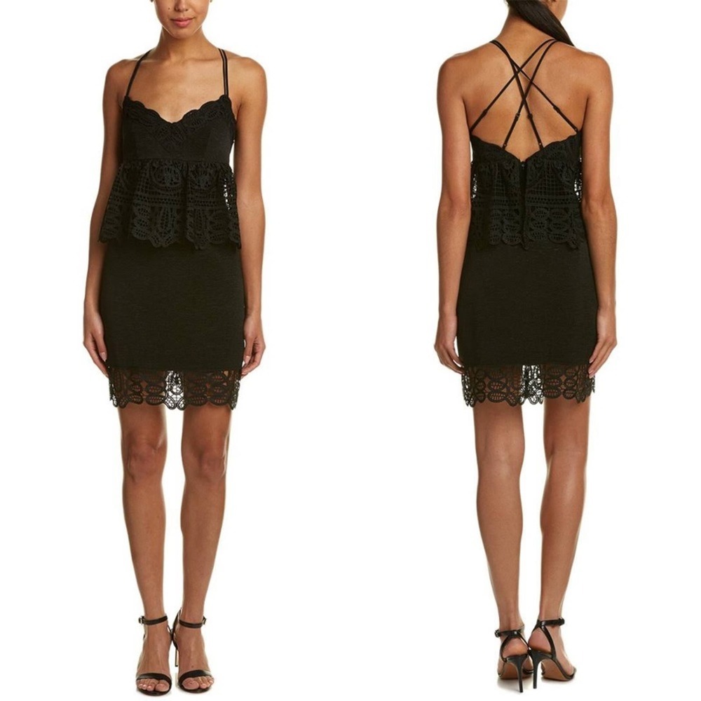 Tahari Arthur St. Levine Black Lace Tiered Peplum Sheath Cocktail Dress Size 6